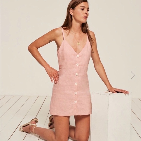 REFORMATION 90s Pale Pink Linen Sleeveless V-Neck Button Front Mini Slip Dress L - Picture 5 of 8
